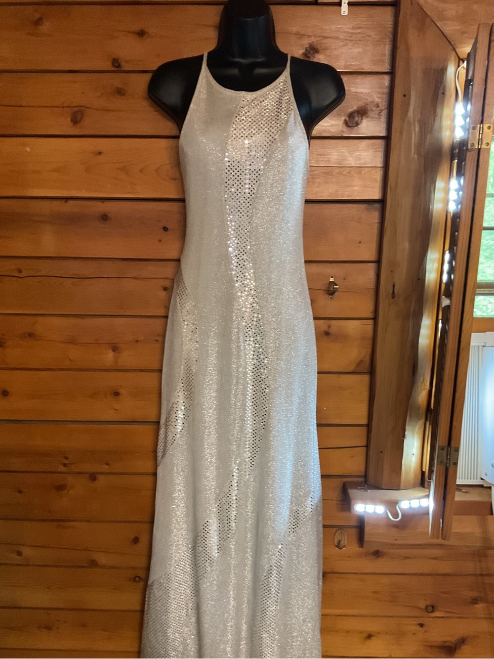 Jump Y2K Cross Back Silver Halter Sequin Prom Dress Hoco Shimmer Glam